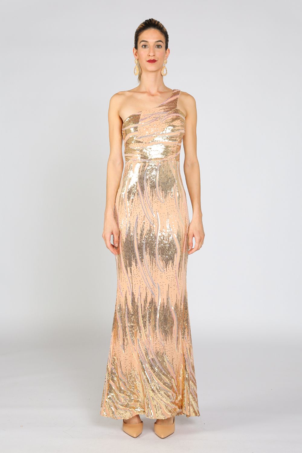 Beulah Styles Long One Shoulder Fitted Maxi Dress - Apricot - Sequins - Size M - Formal Dress Beulah Styles Long One Shoulder Fitted Maxi Dress - Apricot - Sequins - Size M - Formal Dress