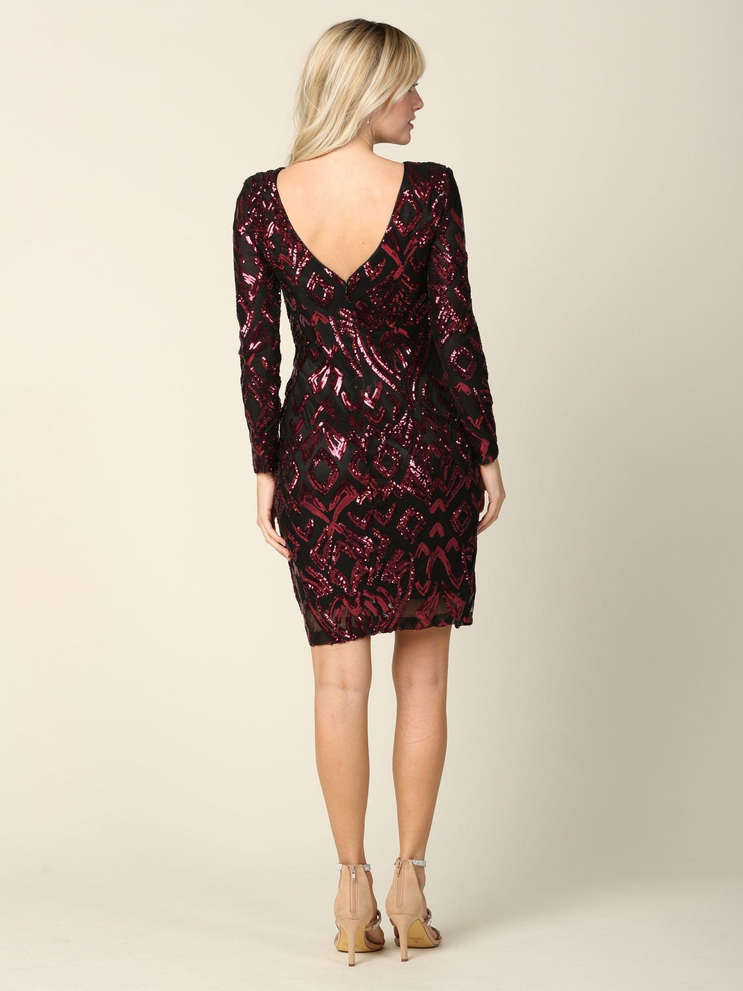 Mini Long Sleeve Sequins Cocktail Dress - The Dress Outlet