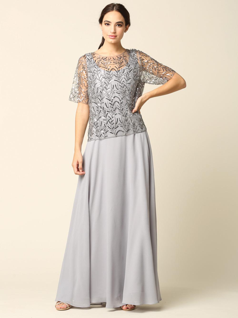 sachin and babi light blue dress Sequin Embellished Chiffon Long Dress with Beaded Sweetheart Illusion Neckline M / Silver main image 0