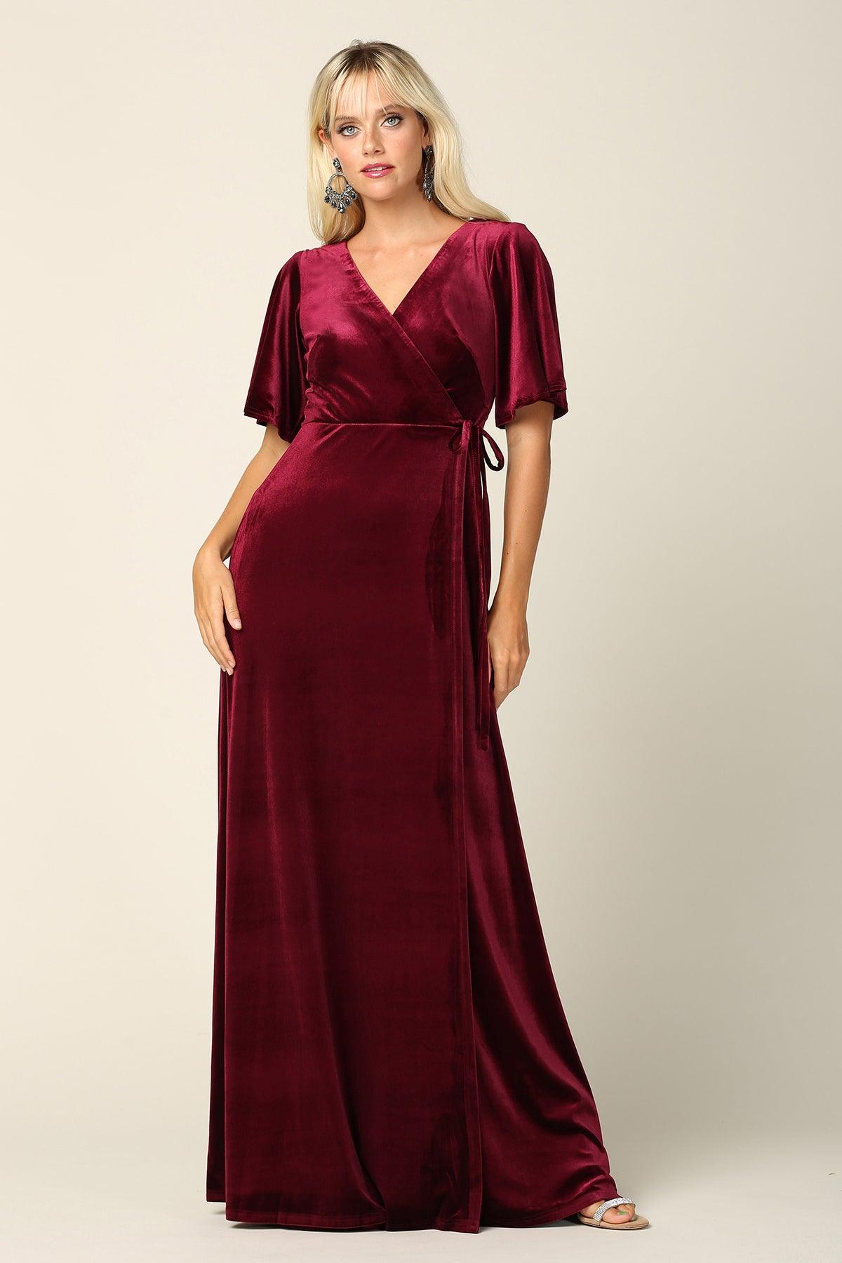 Mother of the Bride Long Flutter Sleeve Velvet Gown - The Dress Outlet