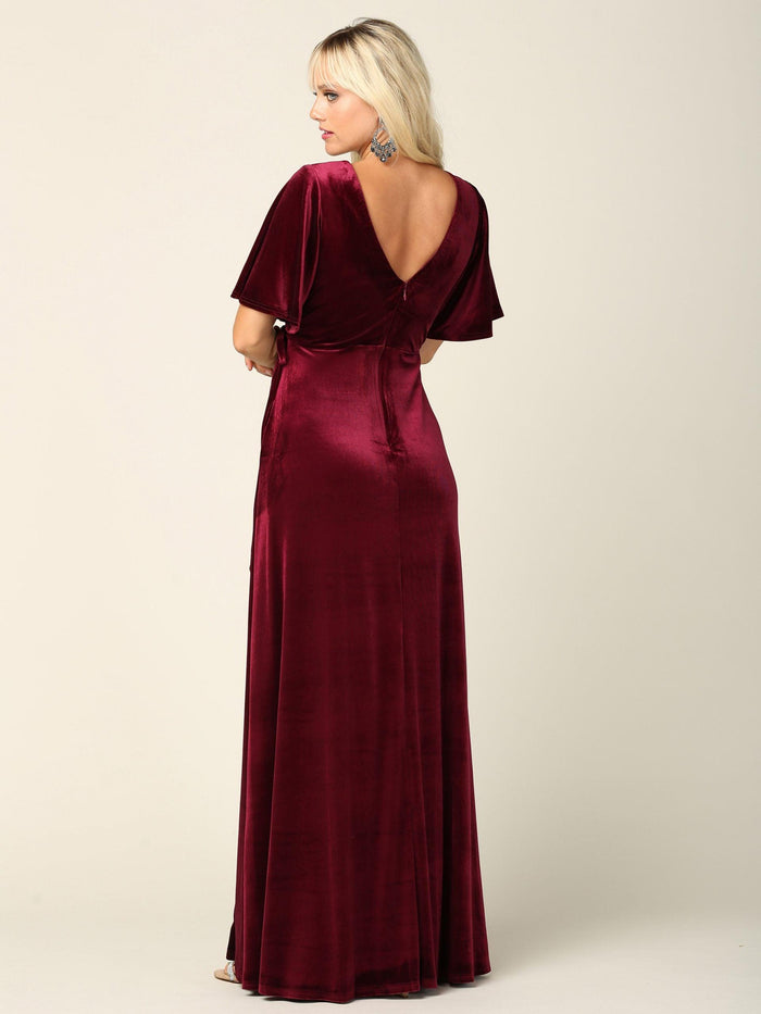 Mother of the Bride Long Flutter Sleeve Velvet Gown - The Dress Outlet