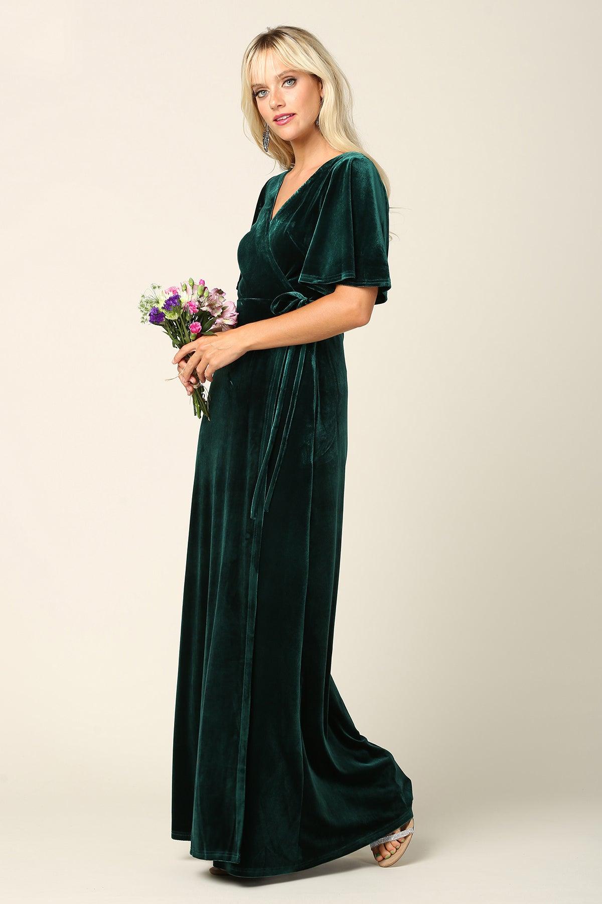 Mother of the Bride Long Flutter Sleeve Velvet Gown - Hunter Green / 3XL Mother of the Bride Long Flutter Sleeve Velvet Gown - Hunter Green / 3XL