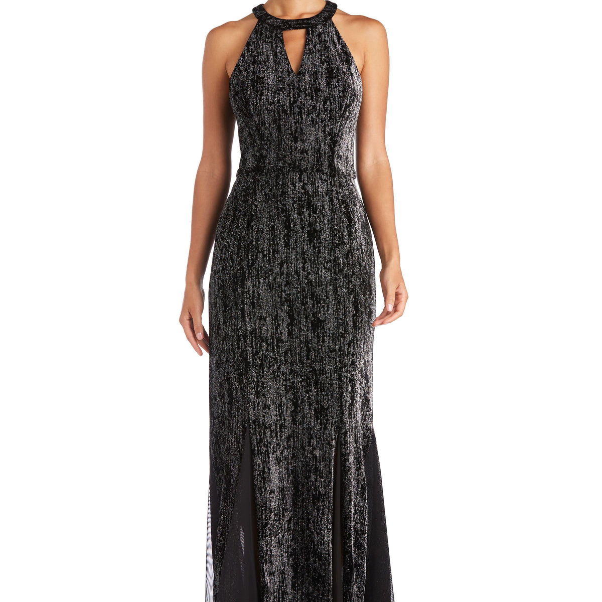 slim fit dress slacks Final Sale Plus Size Glitter Off The Shoulder Velvet Gown with Side Slit in Black main image 1