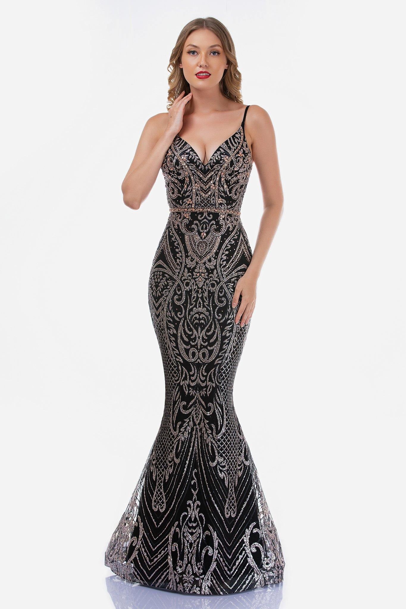 Nina Canacci Patterned Embellished Trumpet Dress 8173 - The Dress Outlet