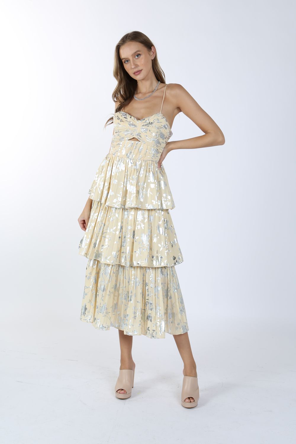 metallic floral tiered midi dress Metallic Spaghetti Strap Printed Tiered Midi Dress