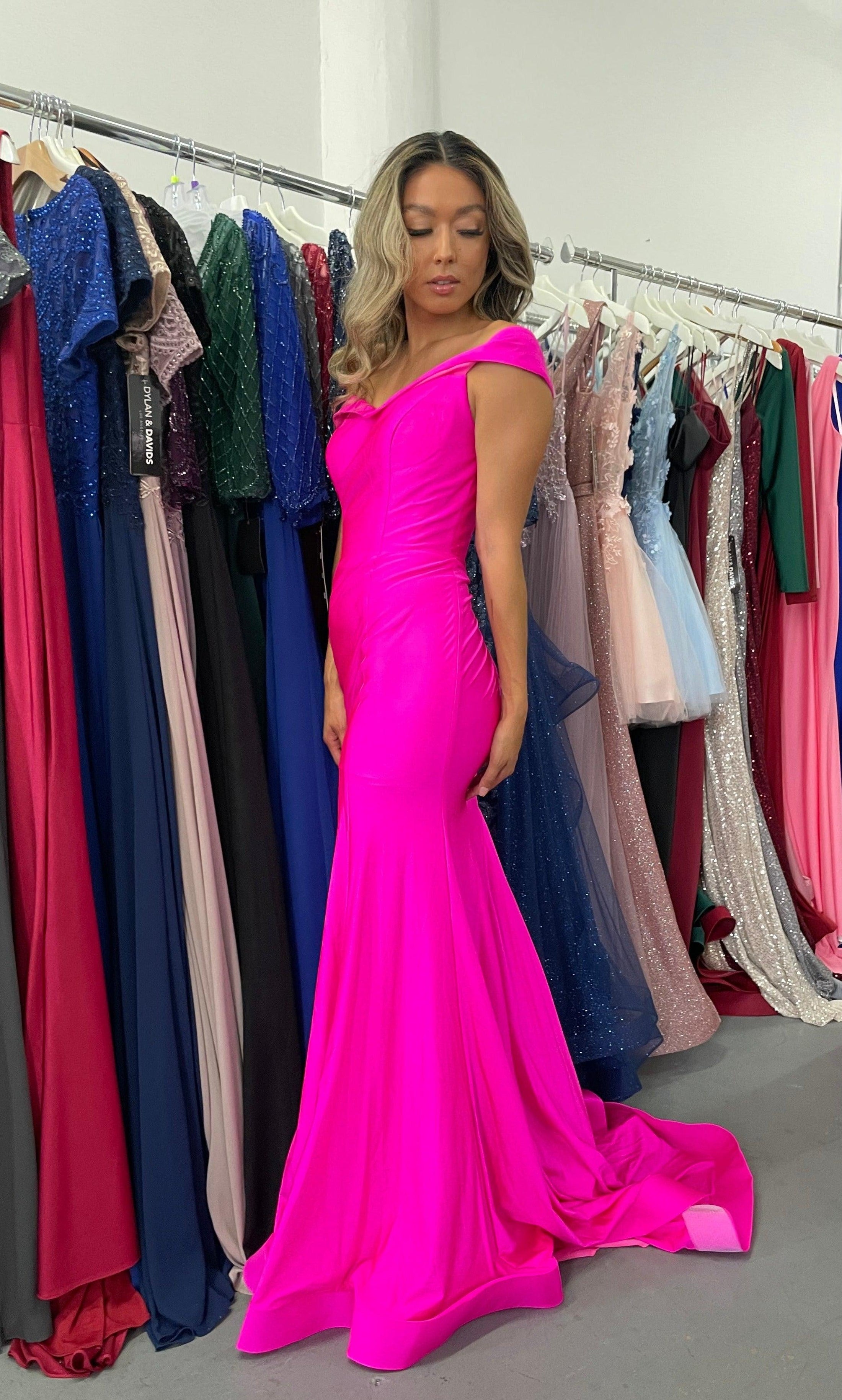 Fuchsia Off Shoulder Long Formal Dress Sale for 38.99 The Dress Outlet
