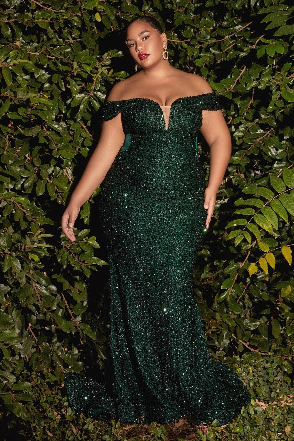 Off Shoulder Long Formal Sequince Dress Emerald