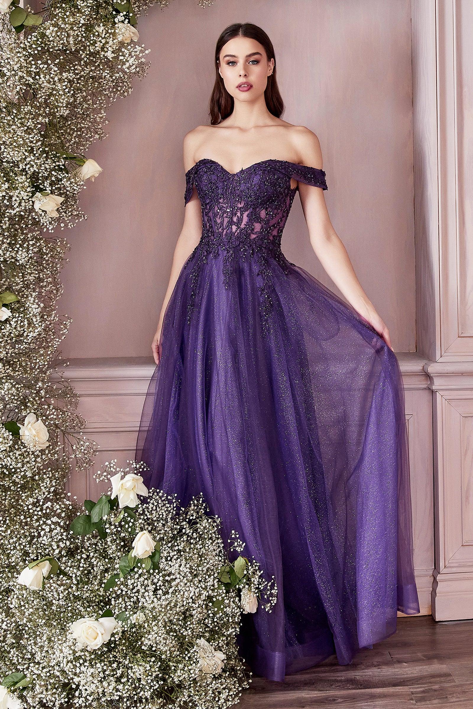 Off Shoulder Long Prom A Line Gown - The Dress Outlet