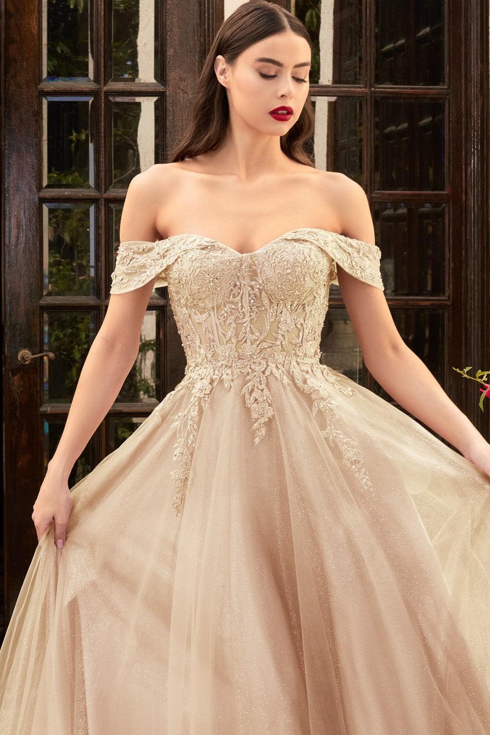 Off Shoulder Long Prom A Line Gown - The Dress Outlet