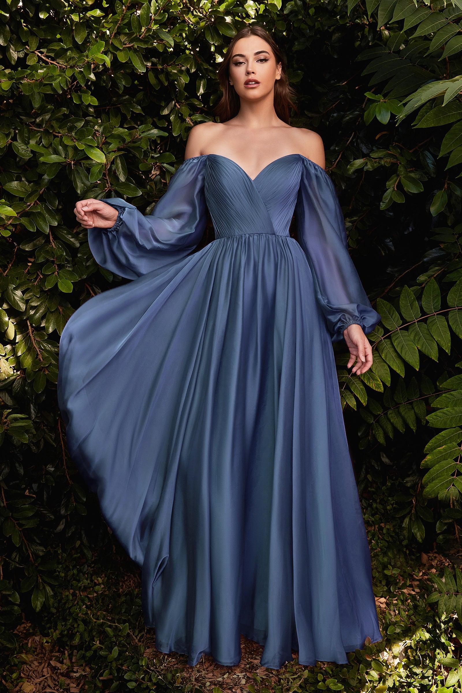 Off Shoulder Long Sleeve Formal Prom Dress Smoky Blue