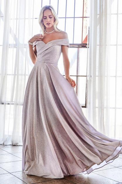 Off Shoulder Metallic Long Evening Gown - The Dress Outlet