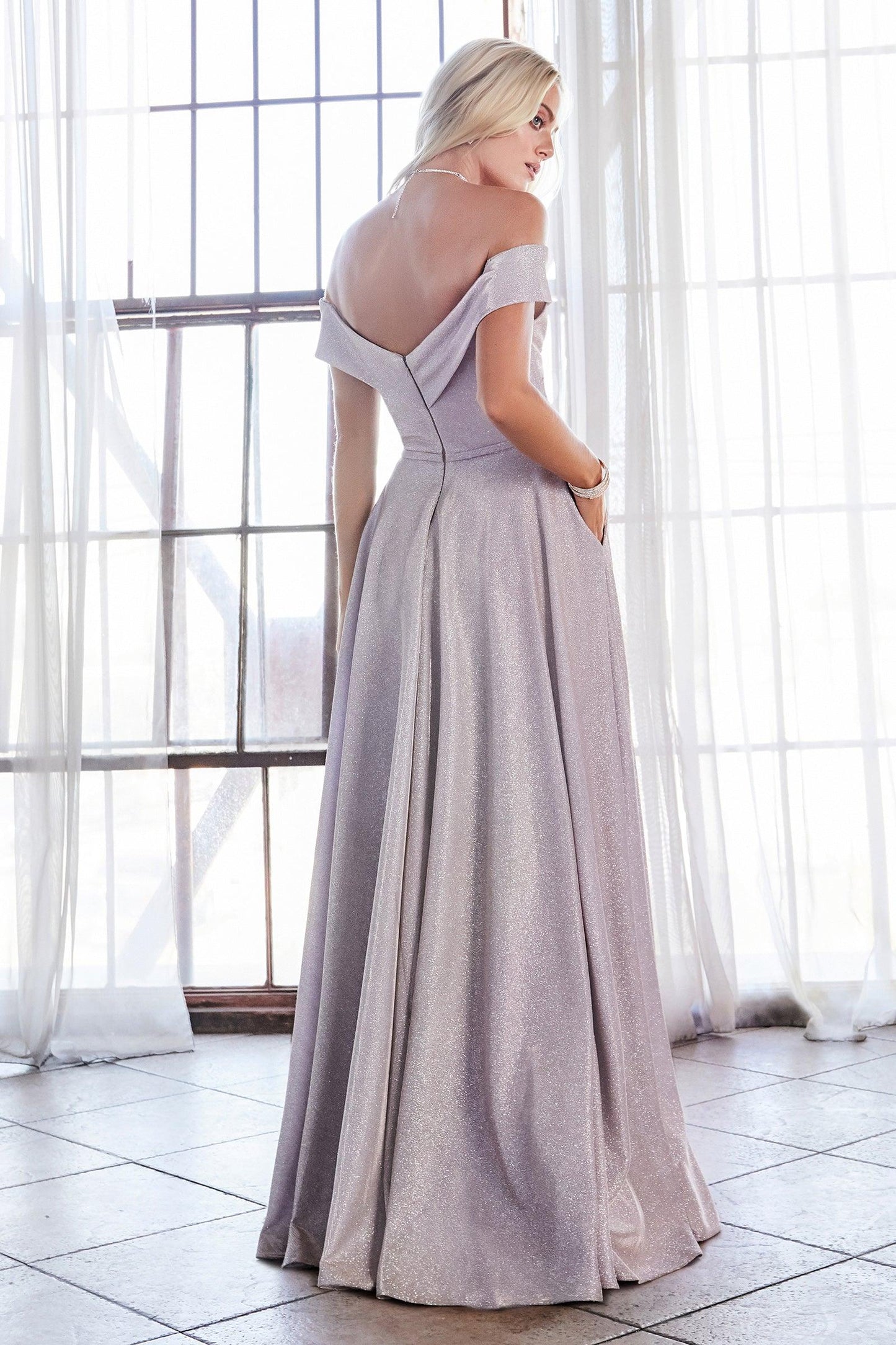 Off Shoulder Metallic Long Evening Gown - The Dress Outlet