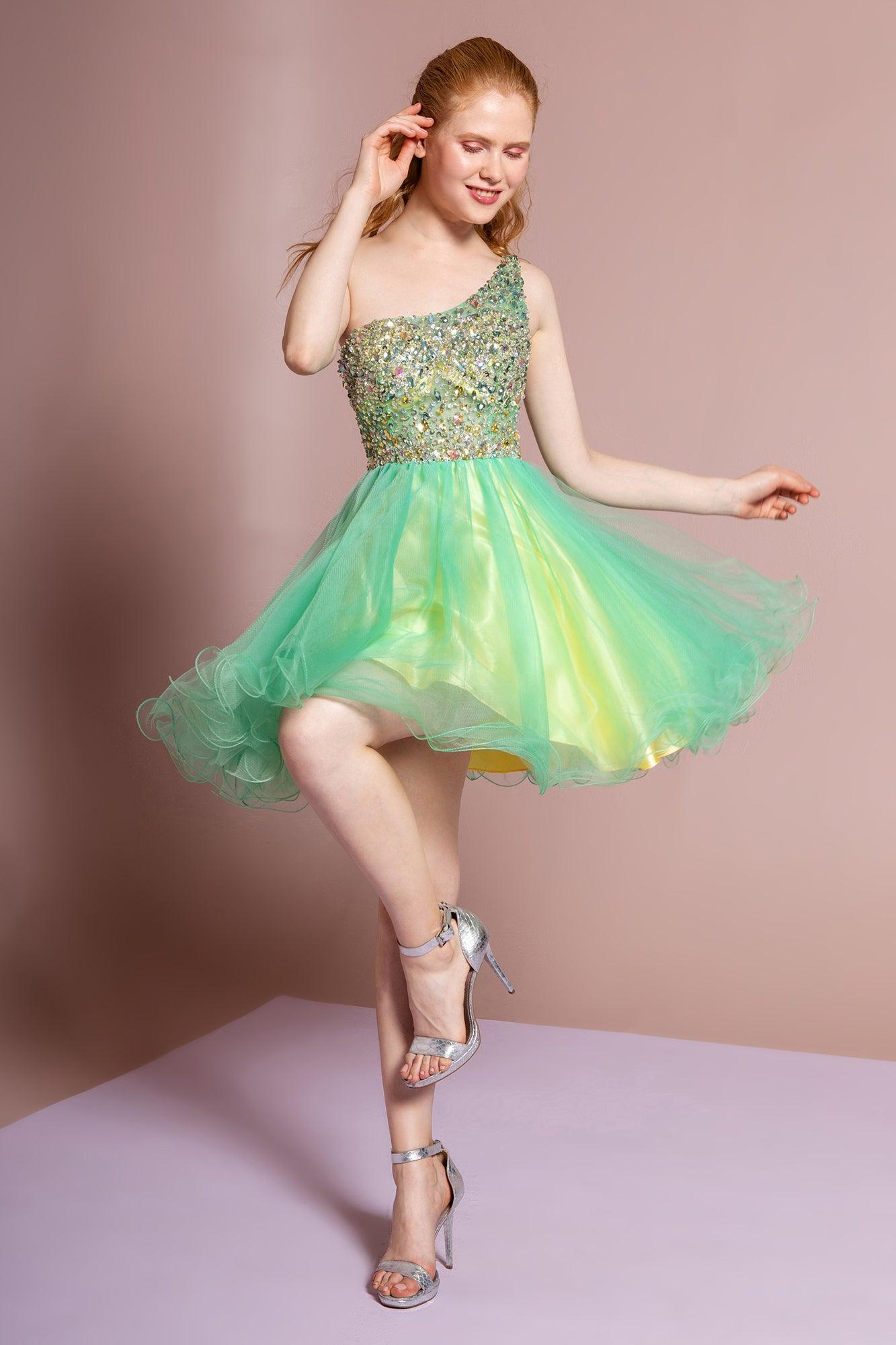 One Shoulder Homecoming Short Prom Dress - Green/Yellow / XS One Shoulder Homecoming Short Prom Dress - Green/Yellow / XS