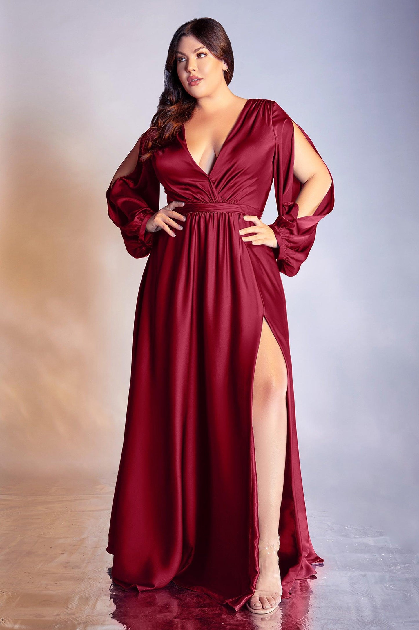 Plus Size Formal Long Sleeve Satin Dress Burgundy
