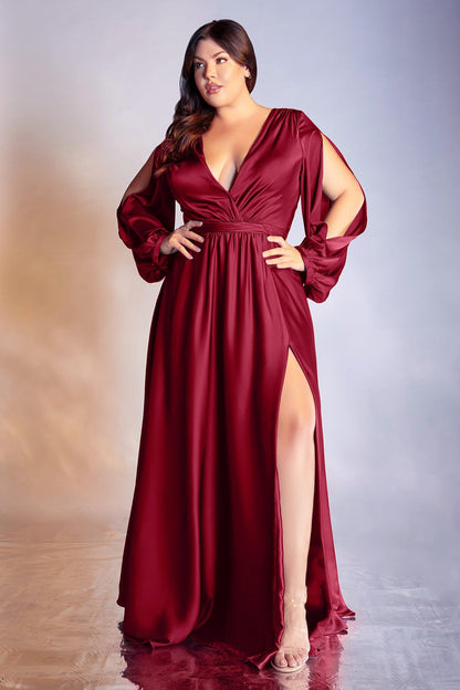 Plus Size Formal Long Sleeve Satin Dress Burgundy