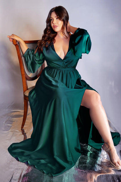 Plus Size Formal Long Sleeve Satin Dress Emerald