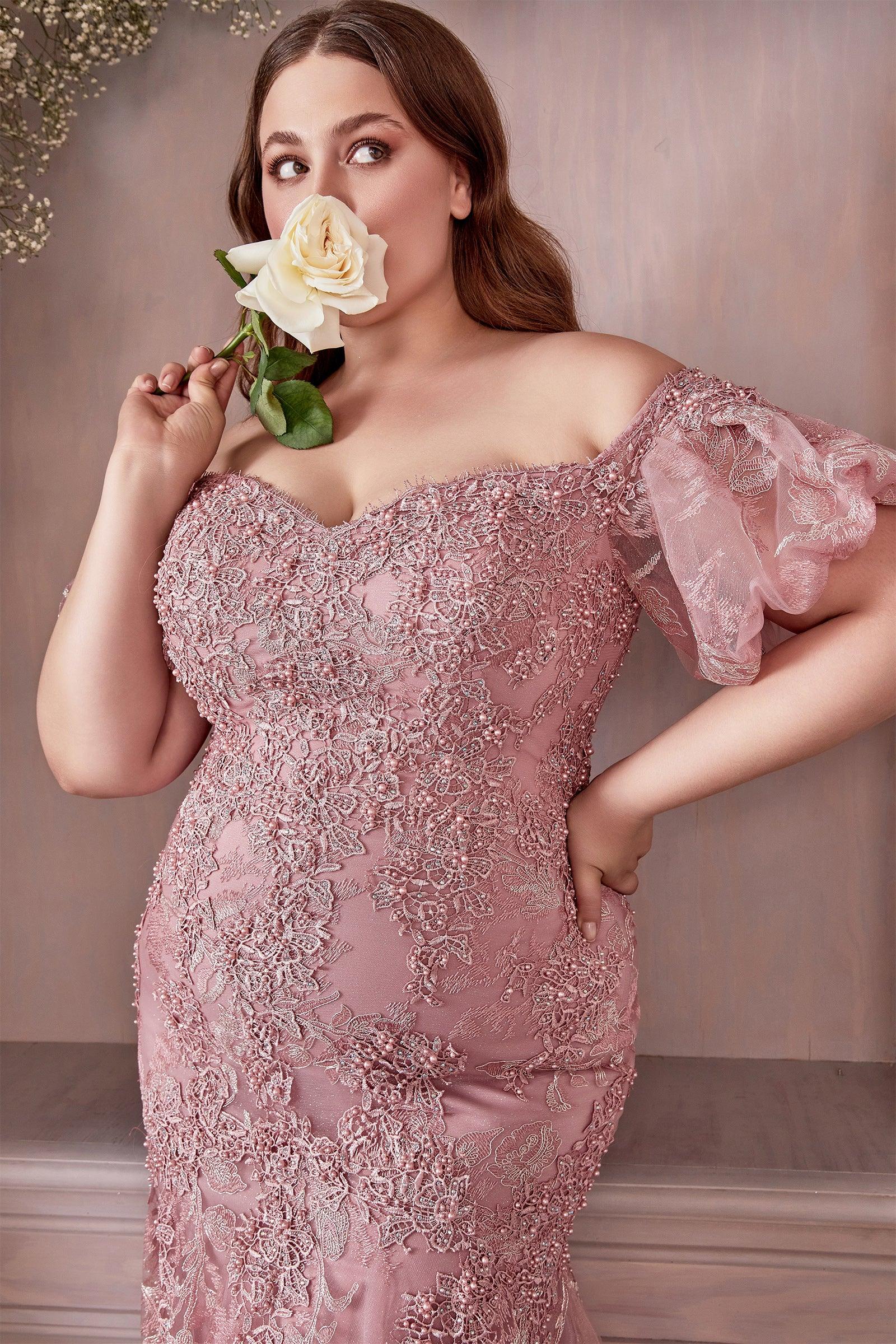 Plus Size Off Shoulder Long Prom Dress Dusty Rose