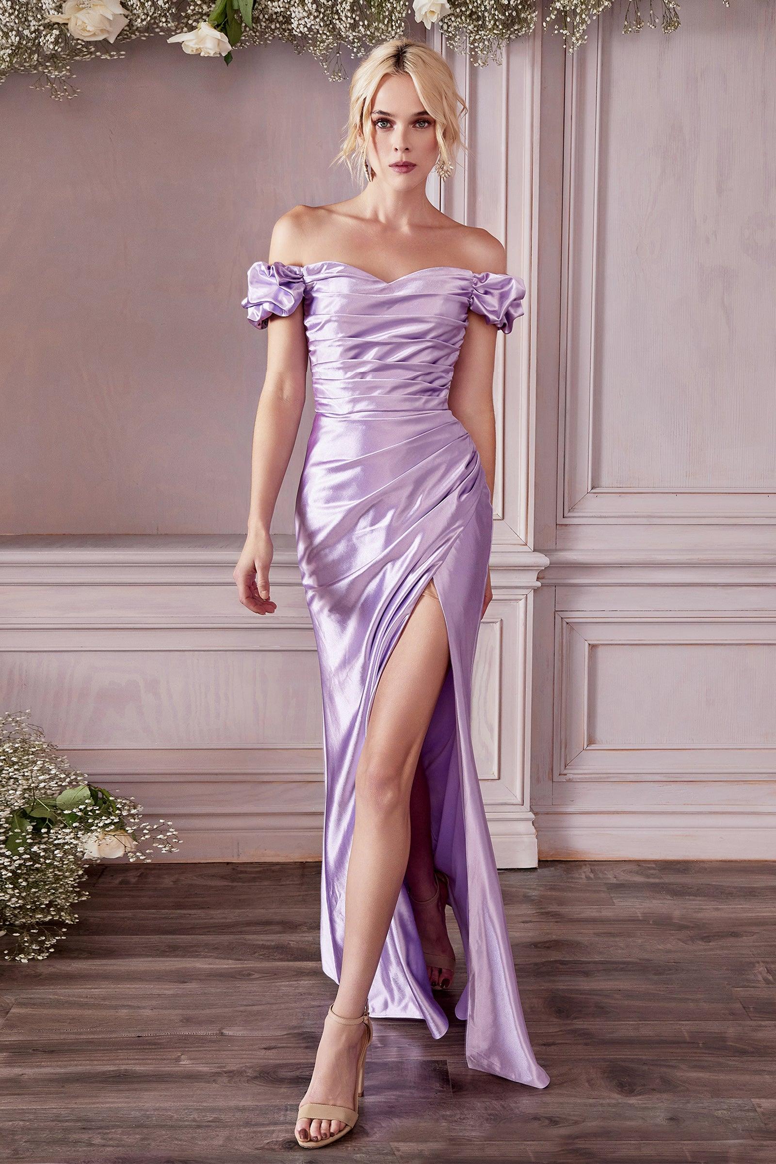 Plus Size Off Shoulder Long Slit Prom Dress Lavender