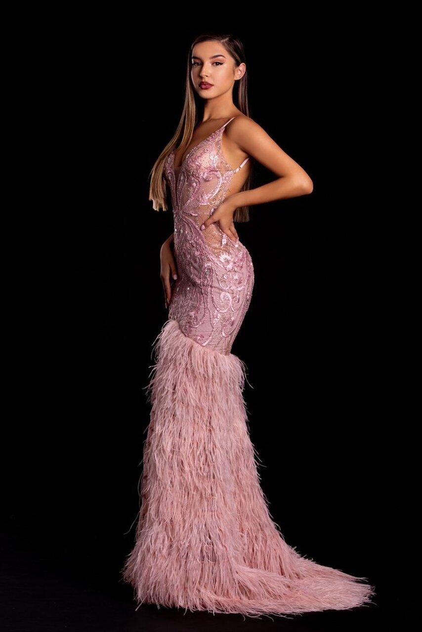 Portia and Scarlett Feathered Long Evening Dress 21128 - The Dress Outlet