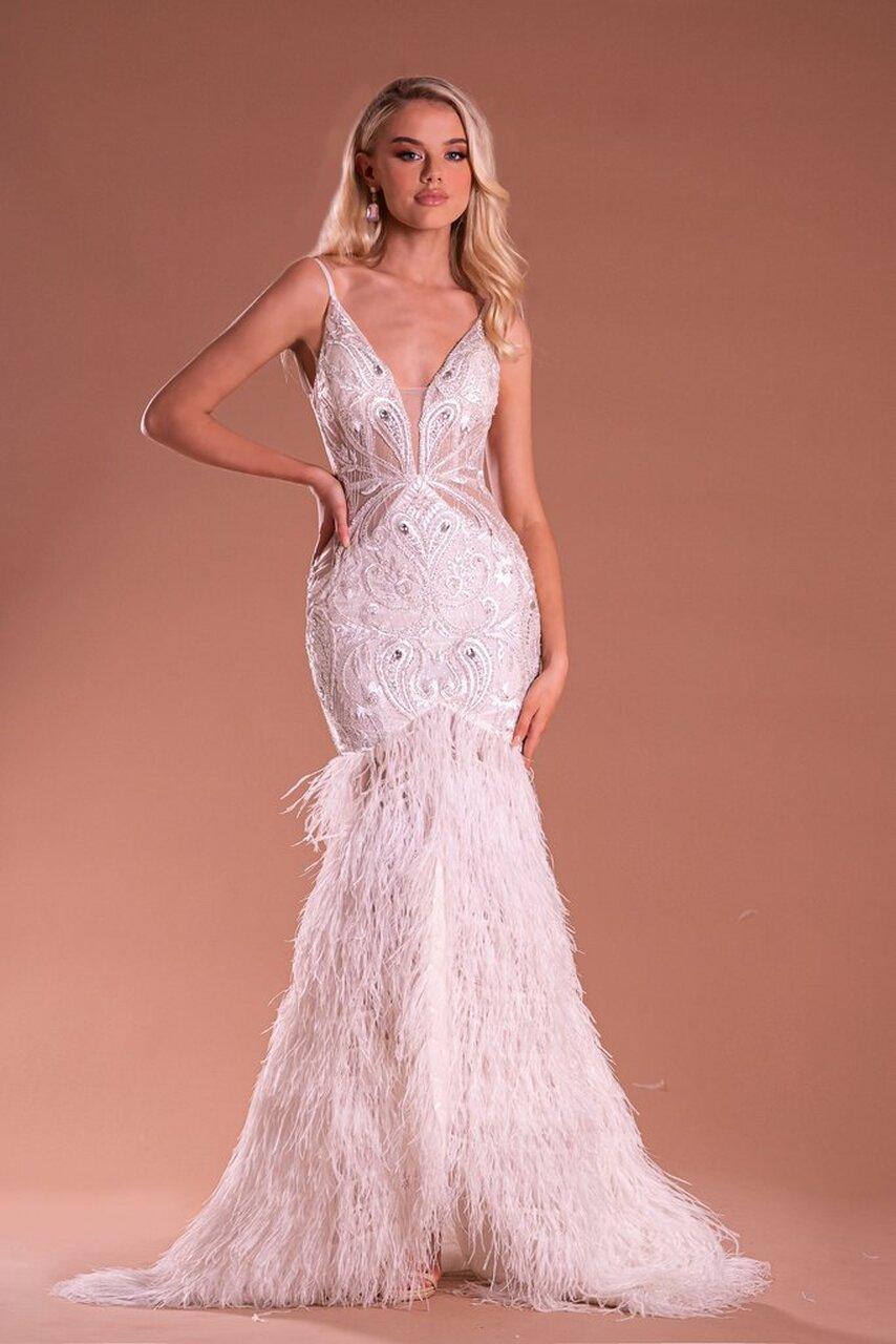 Portia and Scarlett Feathered Long Evening Dress 21128 - The Dress Outlet