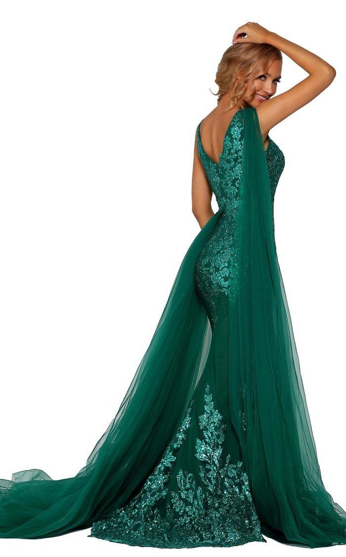Portia And Scarlett 5011 Long Applique Cape Prom Dress