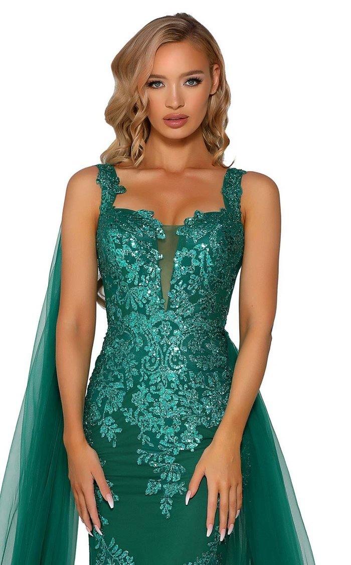 Portia And Scarlett 5011 Long Applique Cape Prom Dress