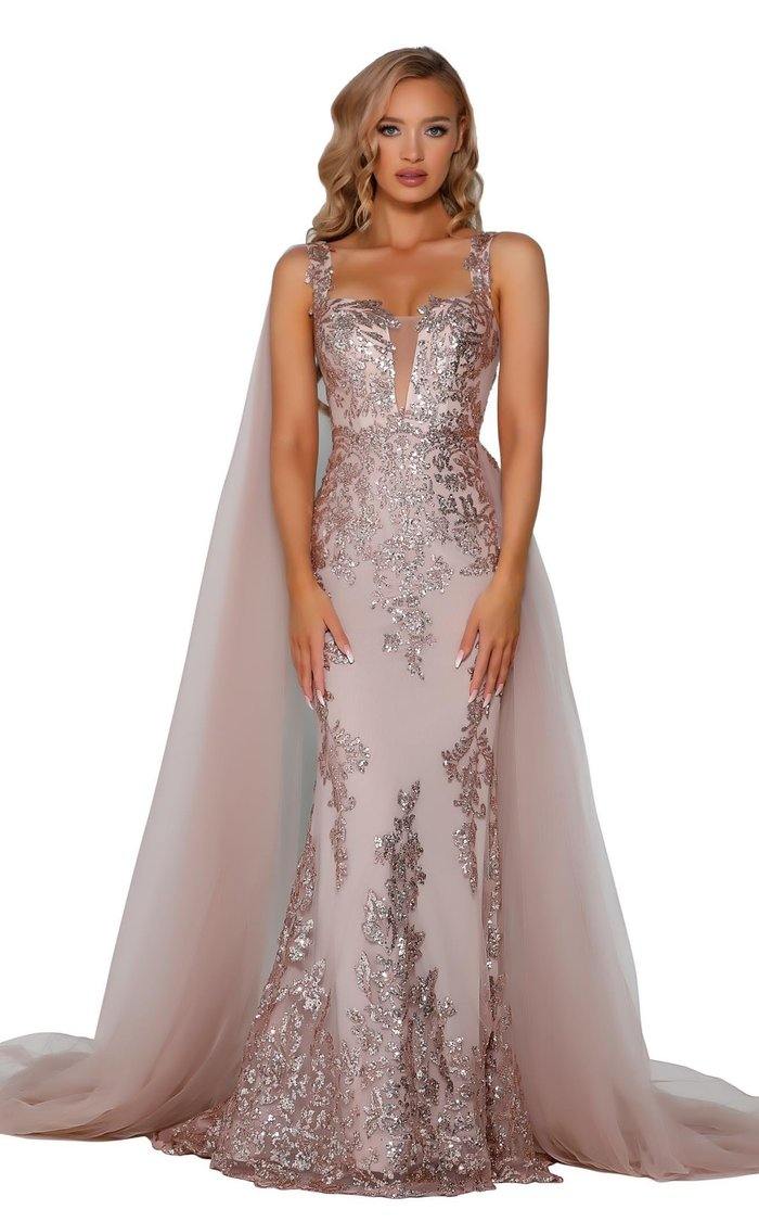 Portia And Scarlett 5011 Long Applique Cape Prom Dress
