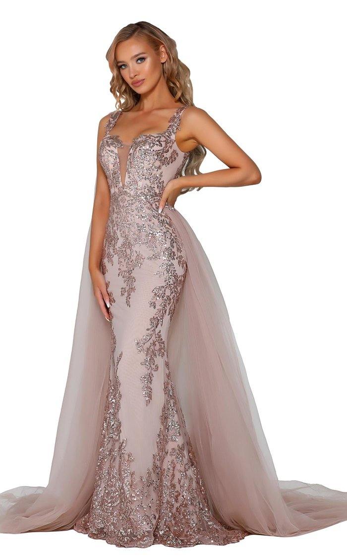 Portia And Scarlett 5011 Long Applique Cape Prom Dress