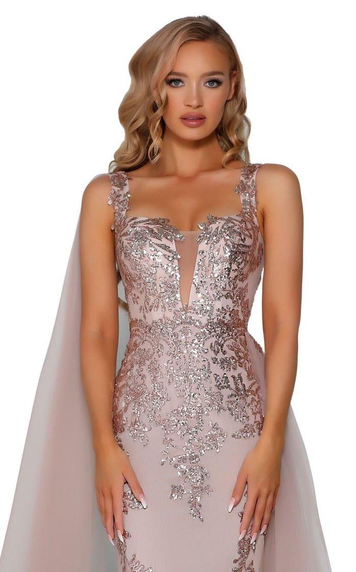 Portia And Scarlett 5011 Long Applique Cape Prom Dress