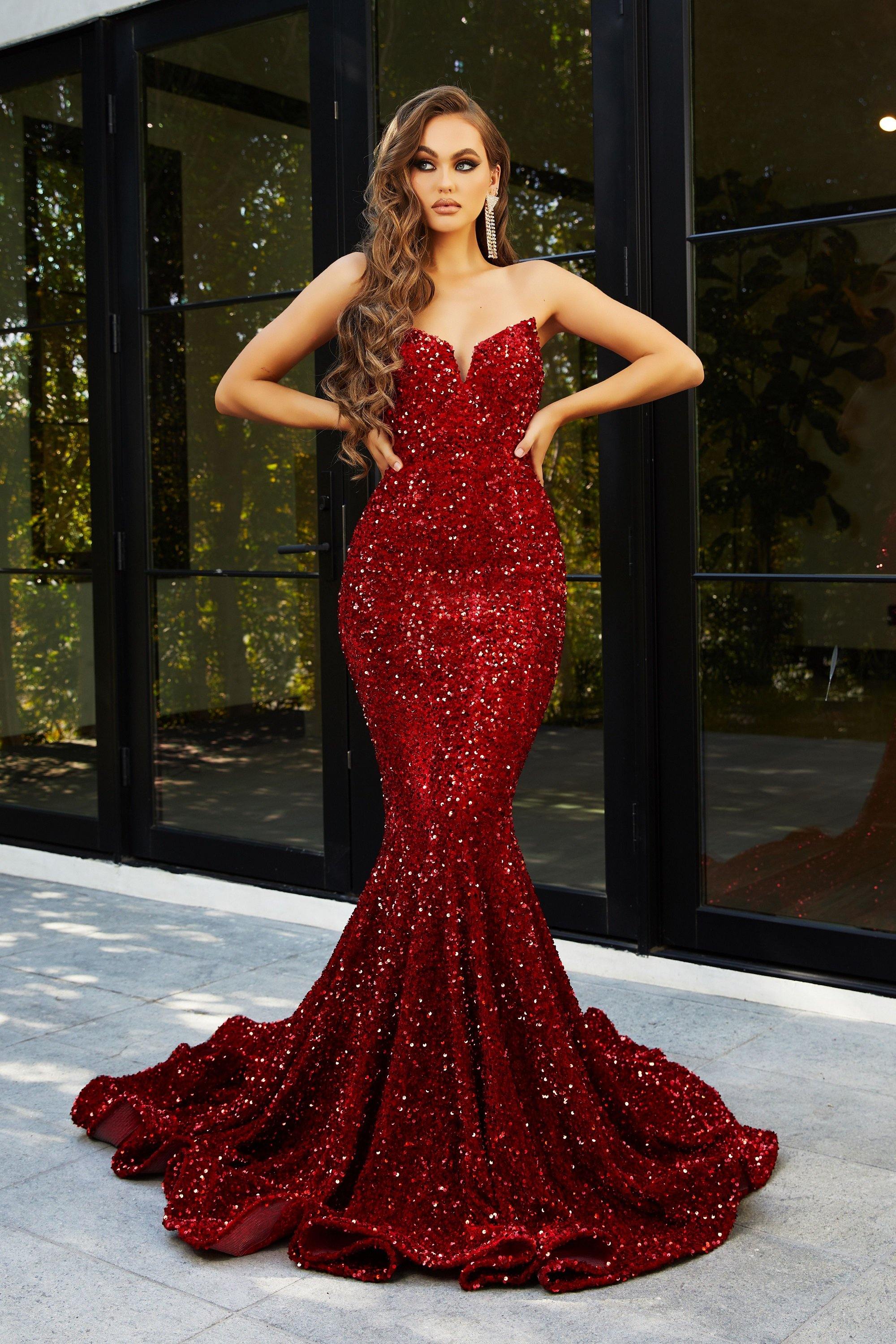21208 Strapless Long Prom Dress Red