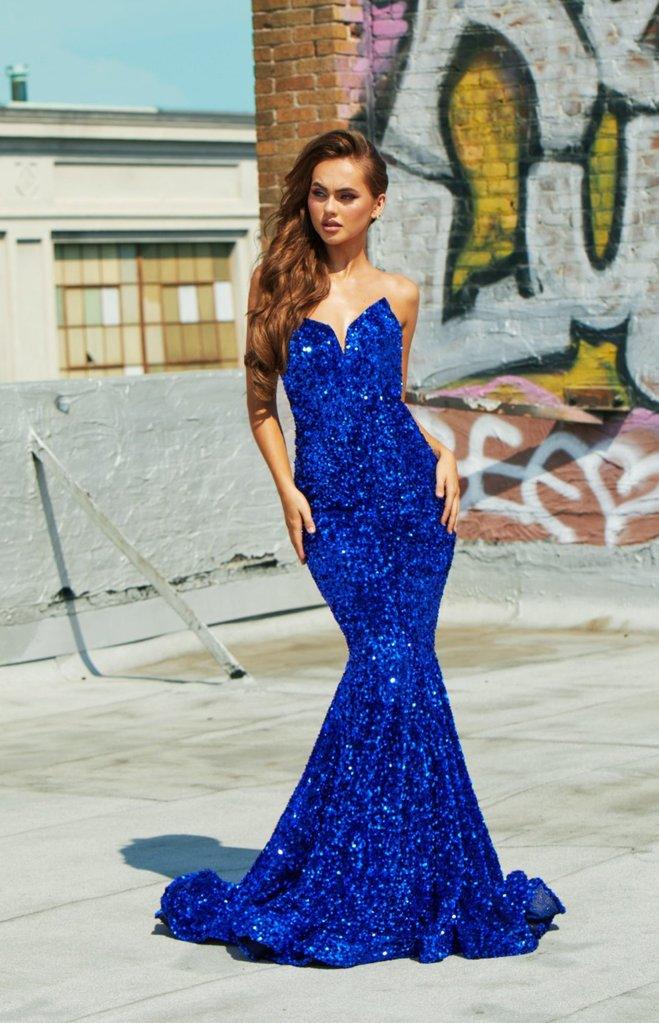 21208 Strapless Long Prom Dress Cobalt