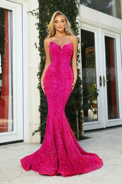 21208 Strapless Long Prom Dress Hot Pink