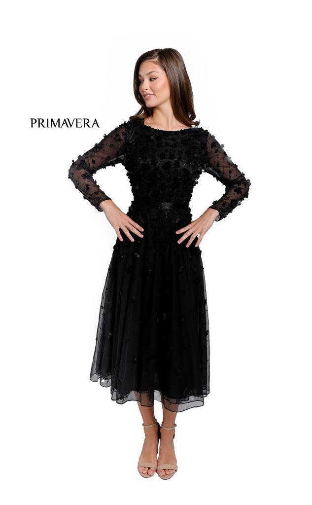 Primavera Couture Long Sleeve Tea Length Dress 11072 - The Dress Outlet