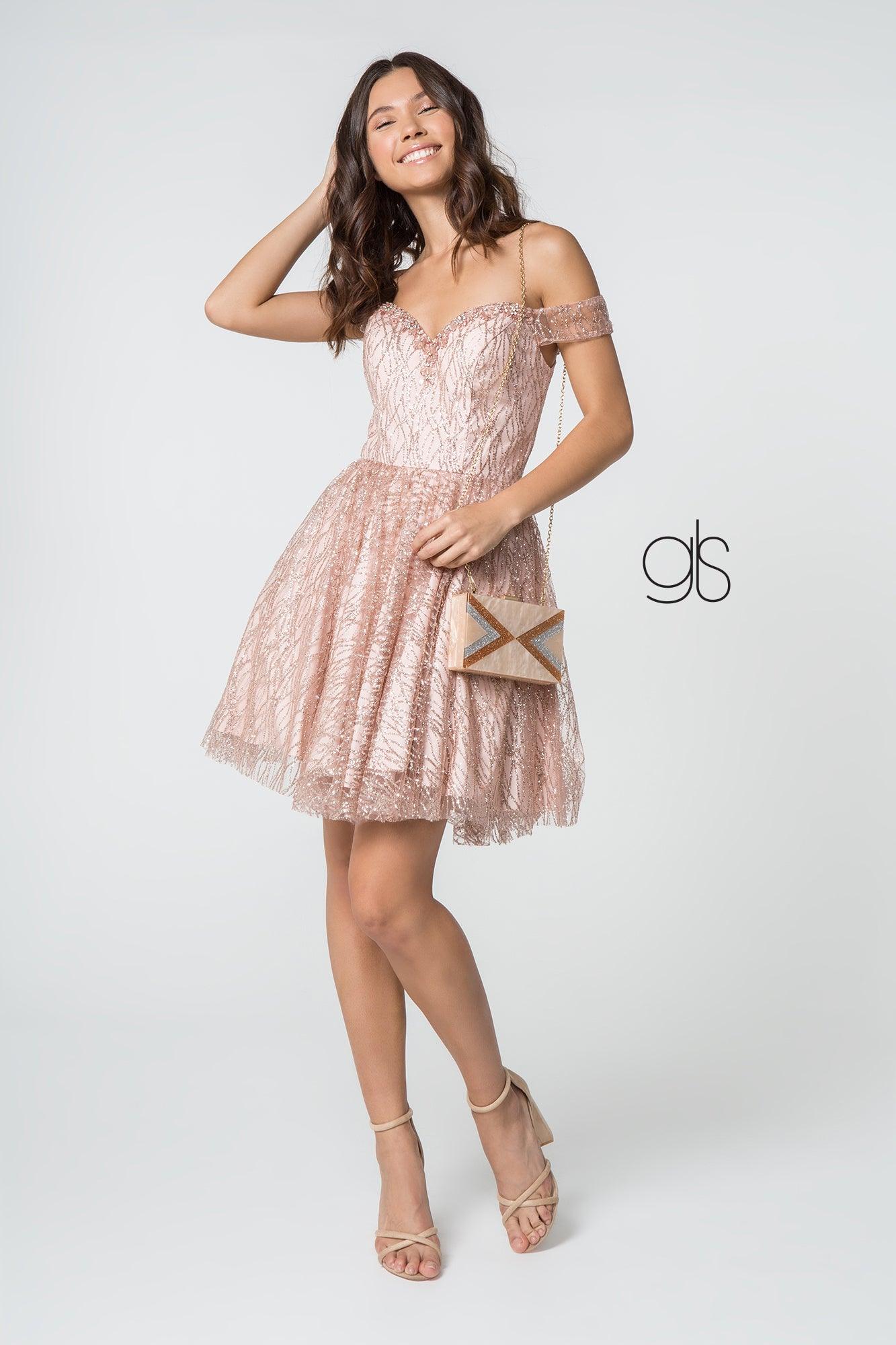 Prom Beaded Short Off Shoulder Glitter Cocktail Dress - Rose Gold / 3XL Prom Beaded Short Off Shoulder Glitter Cocktail Dress - Rose Gold / 3XL