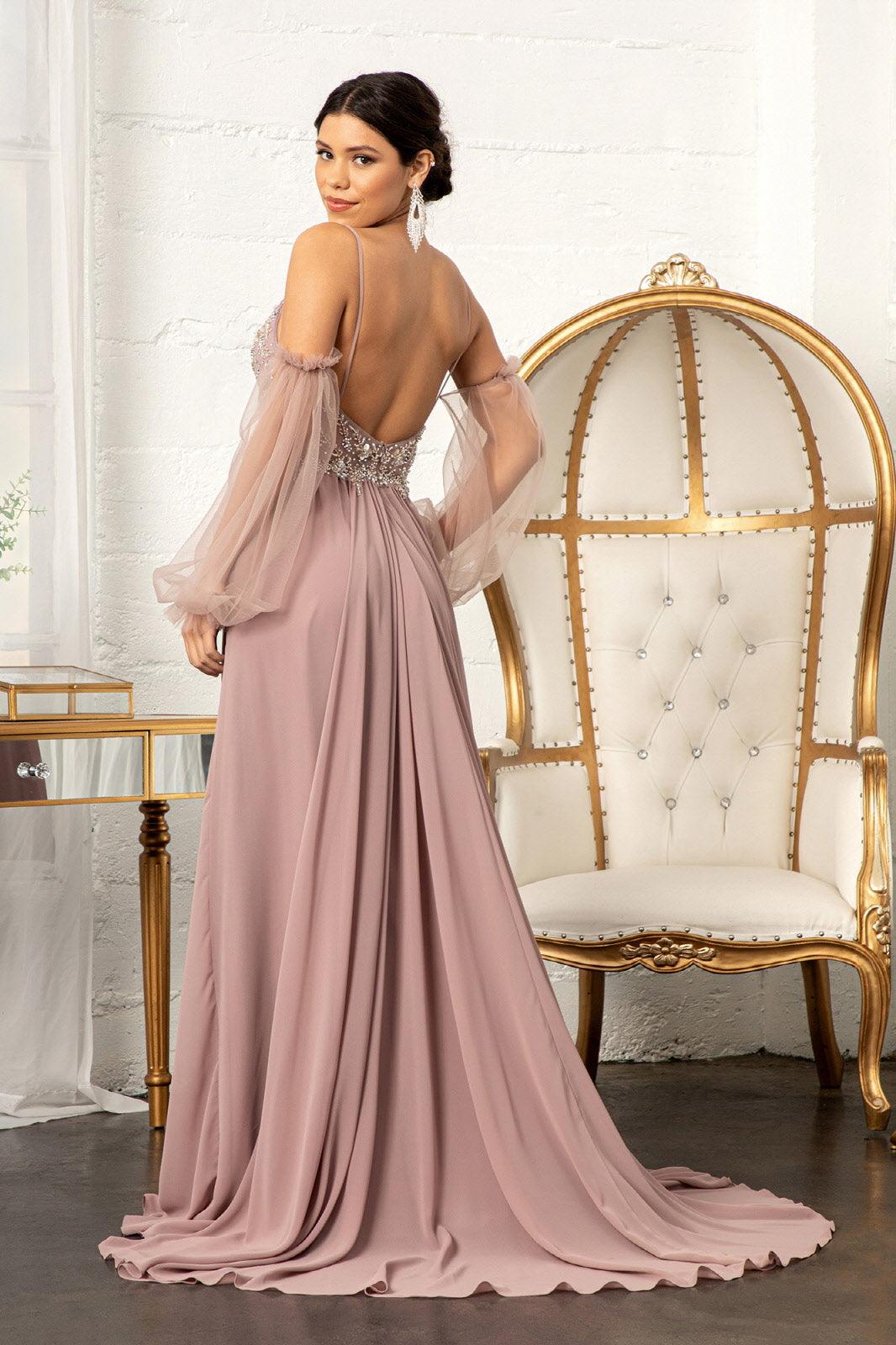 Grey Long Sleeves Backless Chiffon Prom Evening Dress with Beading –  Pgmdress