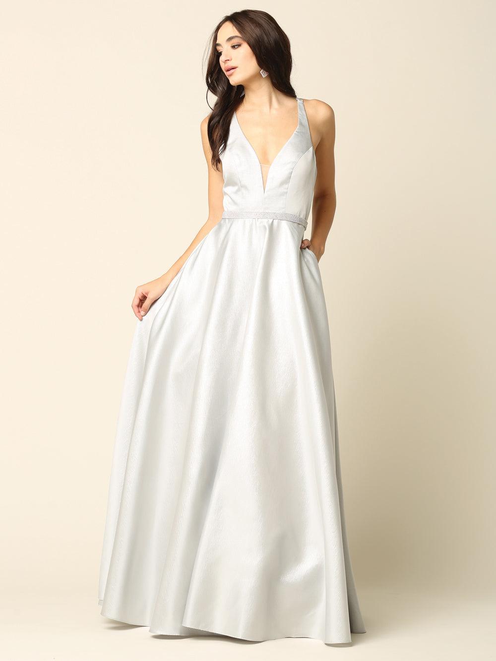Blush Prom Long Formal Metallic Satin Dress