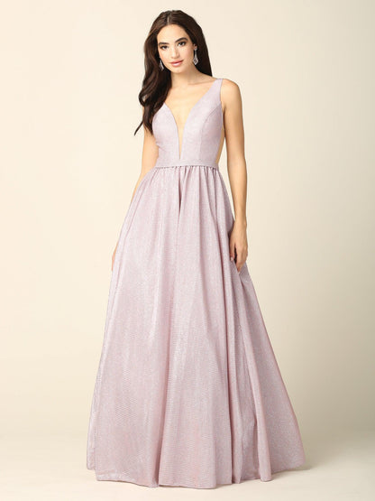 Prom Long Sleeveless Formal Metallic Ball Gown - The Dress Outlet