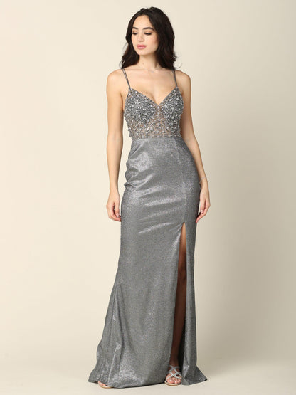 Prom Long Spaghetti Strap Formal Metallic Dress - The Dress Outlet