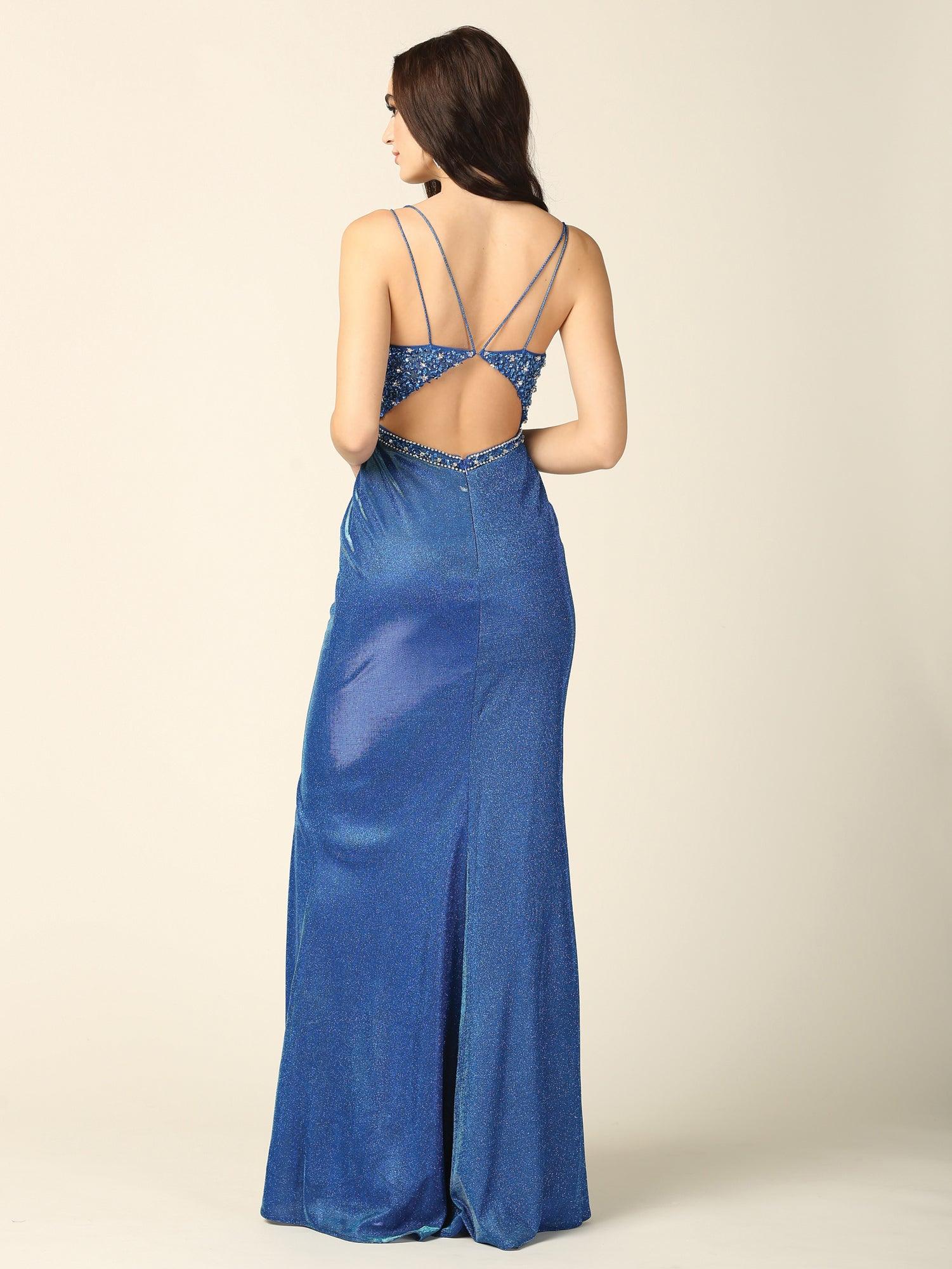 Prom Long Spaghetti Strap Formal Metallic Dress - The Dress Outlet