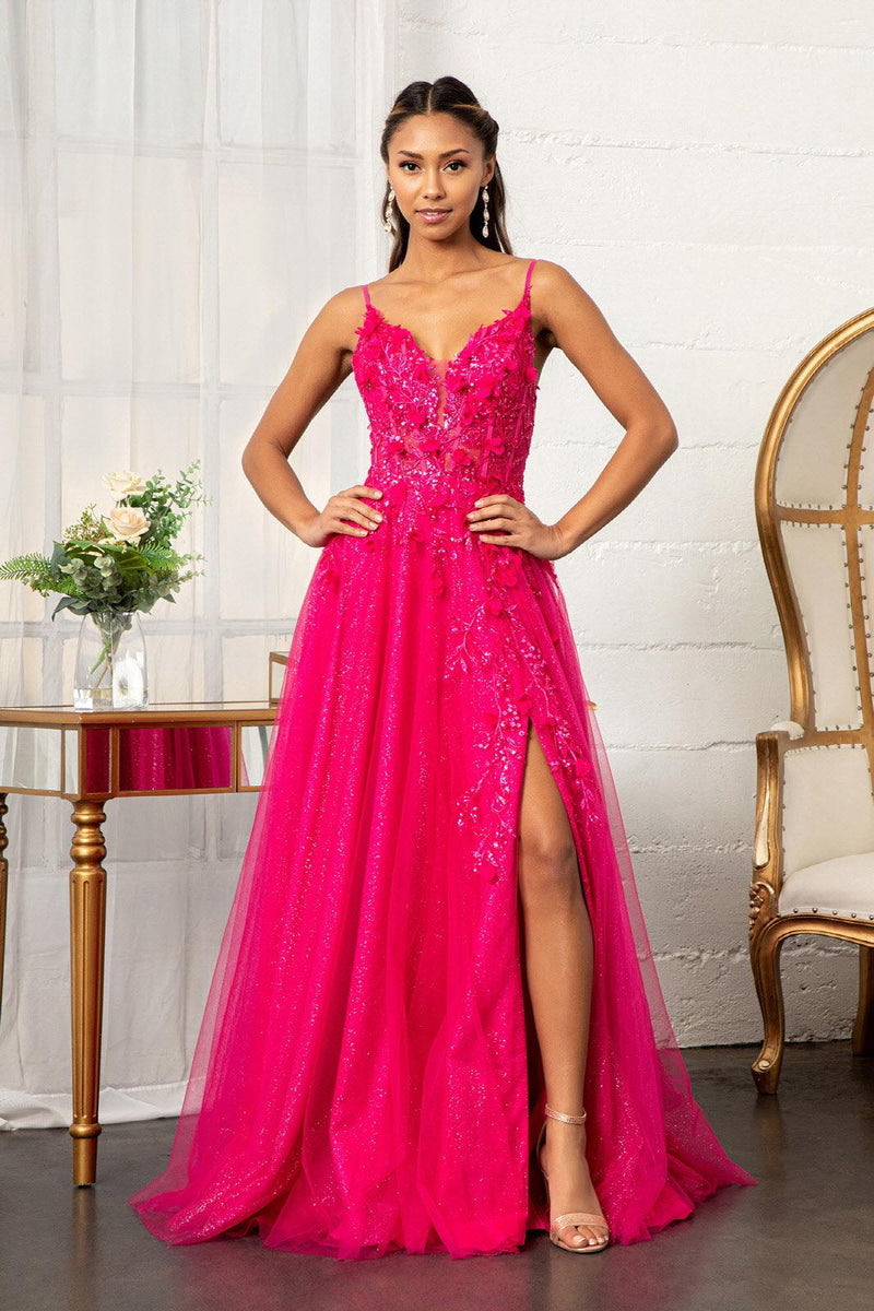 Prom Long Spaghetti Strap Mesh Formal Dress - Fuchsia / XS Prom Long Spaghetti Strap Mesh Formal Dress - Fuchsia / XS