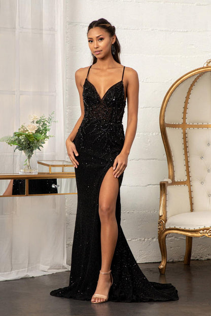 Prom Long Spaghetti Strap Sequins Formal Dress Black