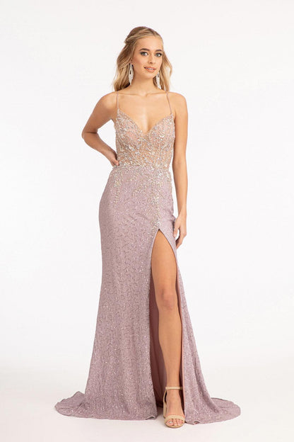 Prom Long Spaghetti Strap Sequins Formal Dress Rose Gold