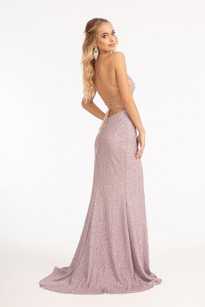Prom Long Spaghetti Strap Sequins Formal Dress Rose Gold