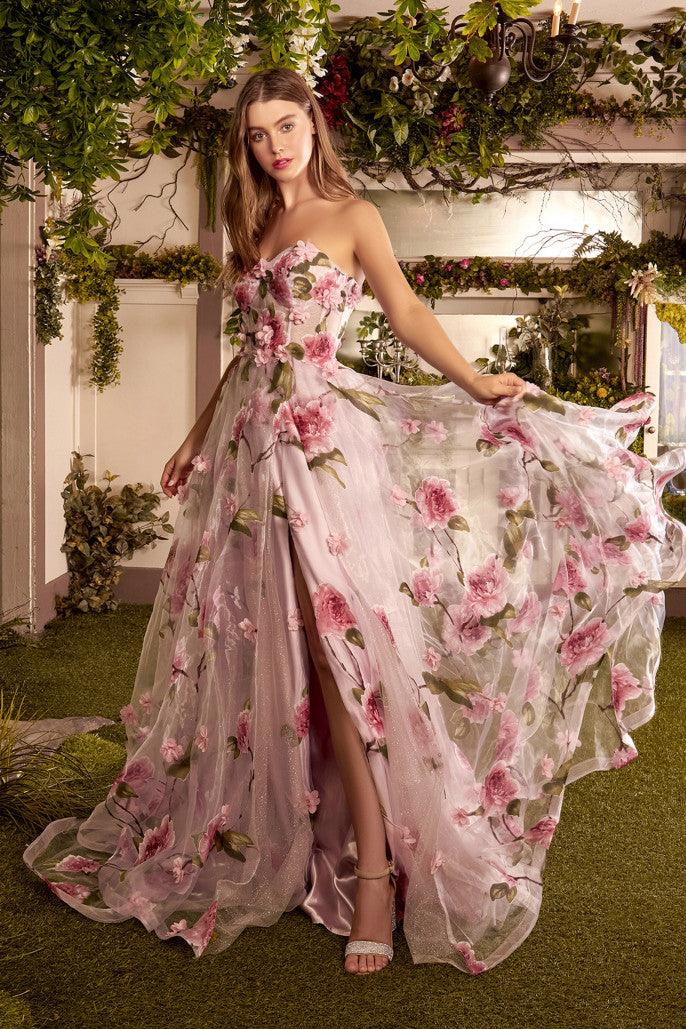 Andrea & Leo A1035 Prom Long Strapless Floral Print Ball Gown Multi