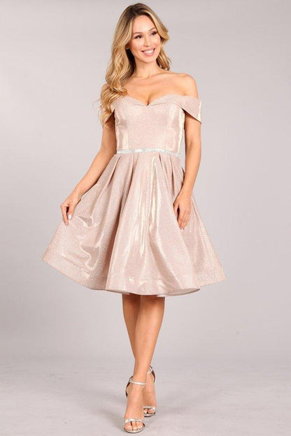 Prom Short Metallic Off Shoulder Homecoming Dress - The Dress Outlet