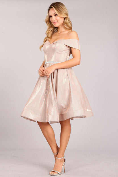Prom Short Metallic Off Shoulder Homecoming Dress - The Dress Outlet