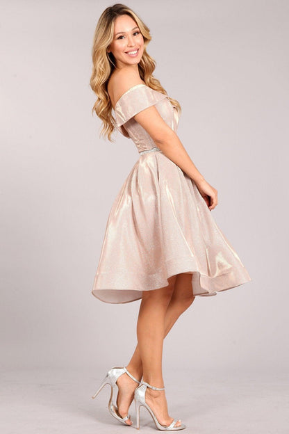 Prom Short Metallic Off Shoulder Homecoming Dress - The Dress Outlet
