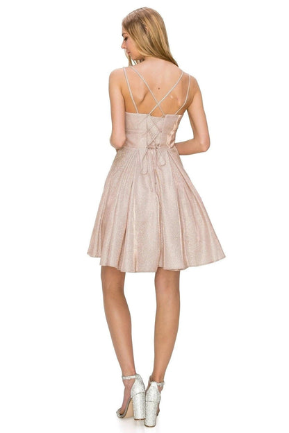 Prom Short Spaghetti Strap Metallic Glitter Dress - The Dress Outlet