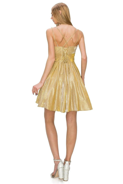 Prom Short Spaghetti Strap Metallic Glitter Dress - The Dress Outlet