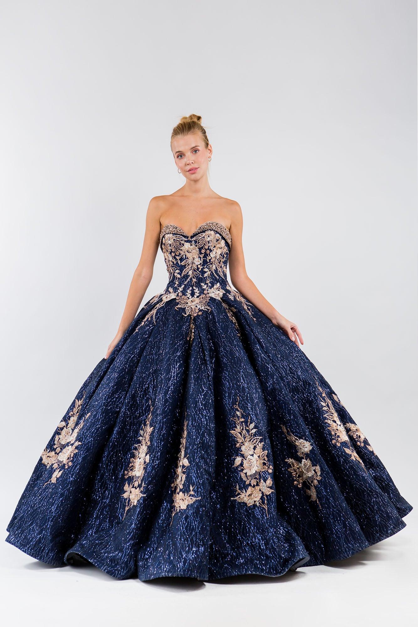 Quinceanera Floral Glitter Long Strapless Dress - The Dress Outlet